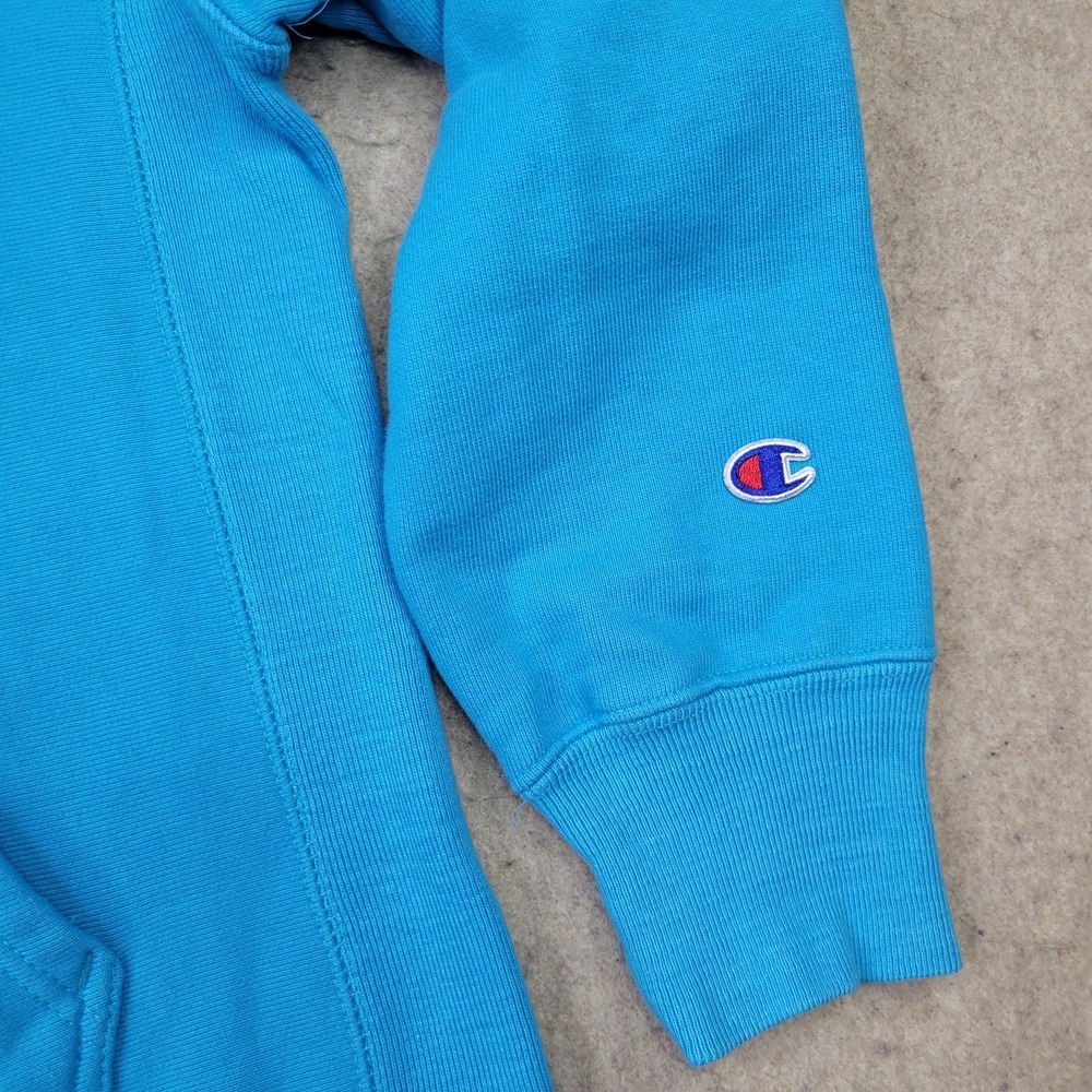 Champion Reverse Weave Hoodie Mens L Blue Pullover Sweatshirt Sleeve Logo - Picture 3 of 10